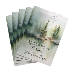 Cartas de baralho personalizadas para chalé, lago, acampamento, cartas de baralho de pôquer com nome personalizado, cena de lago em aquarela, presente para o dia das mães e dos pais