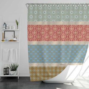 Beautiful Boho Multi Color Shower Curtain, Bathroom Curtain, Mandala Design, Striped Curtain, Mildew Resistant
