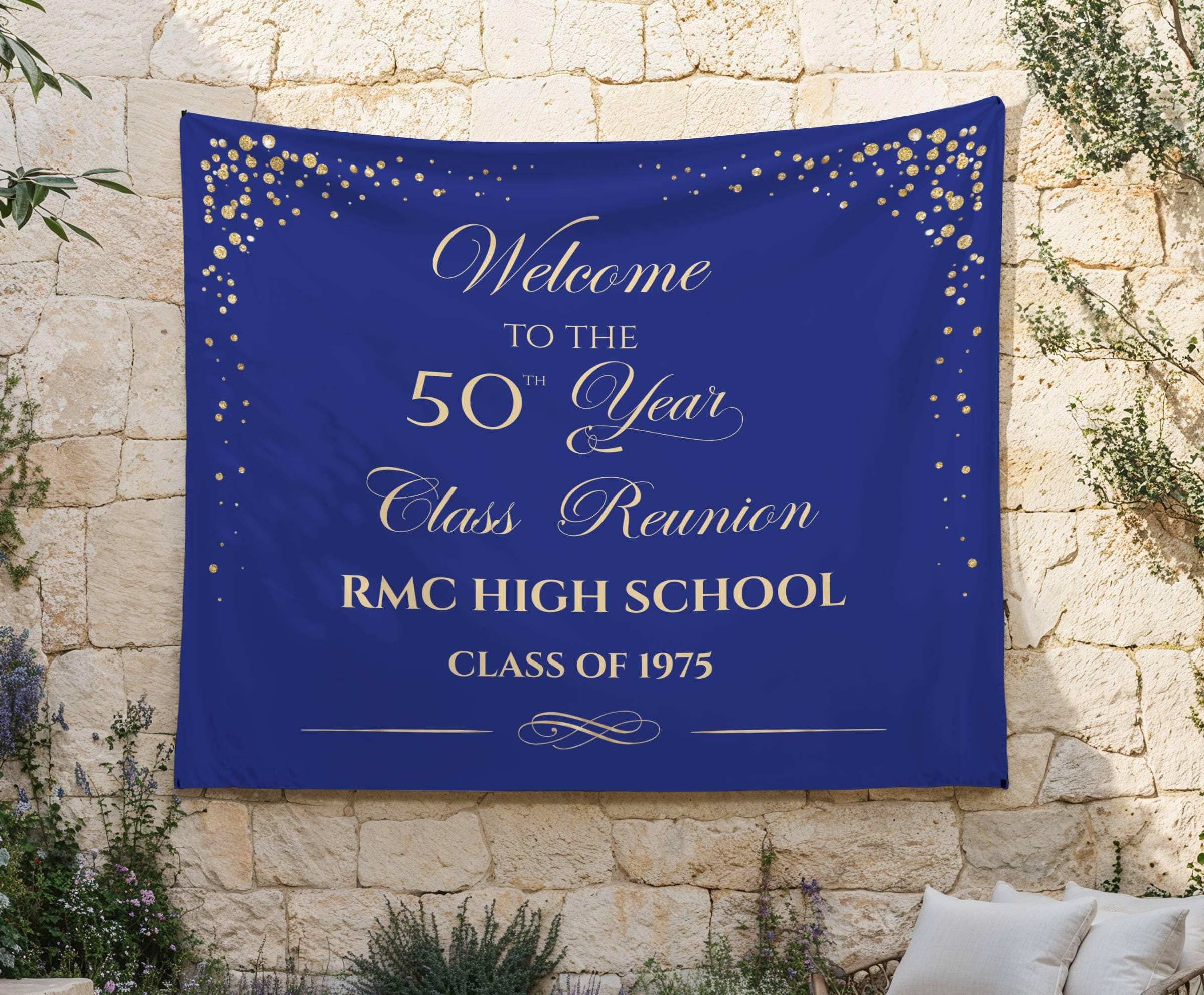 Personalized Class Reunion Banner, Blue and Gold Reunion Sign Tapestry, Any Year Class Reunion, Custom Background for School Event