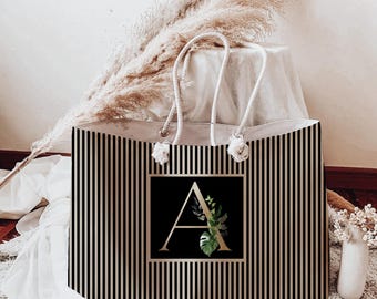 Personalized Monogram Black and Gold Stripe Classic Weekender Tote Bag, Elegant Large Tote Bag, Travel Tote, Beach Tote