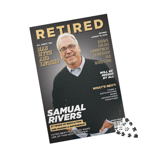 Magazine Cover Style Retirement Puzzle,  Personalized Photo Jigsaw Puzzle, Retirement Gift, Customized to suit!