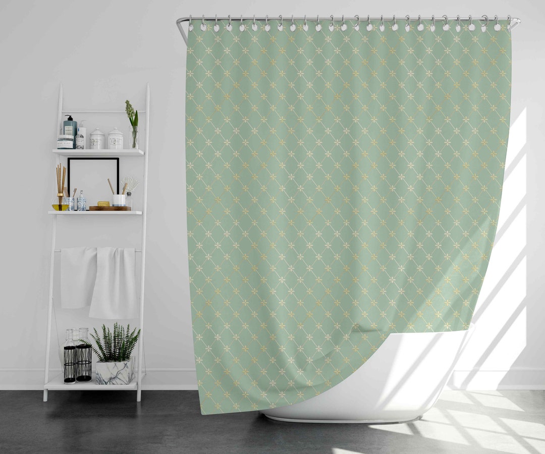 Beautiful Sage Green and Gold Trellis Pattern Shower Curtain, Bathroom Curtain, Green and Gold