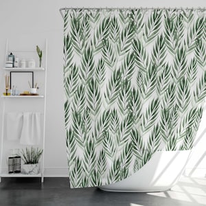 White and Green Leaf Shower Curtain,  Bath Decor Curtain, Floral Leaf Design, Elegant Bath Curtain