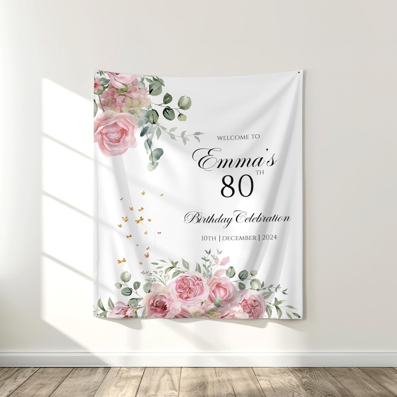 May include: White backdrop with pink and green floral design. Text reads "Welcome to Emma's 80th Birthday Celebration 10th | December | 2024".