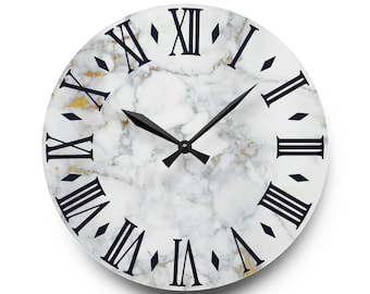 Elegant faux Marble look Wall Clock with Roman Numerals, Office Clock, Housewarming Gift, Family Room Clock, Office Clock