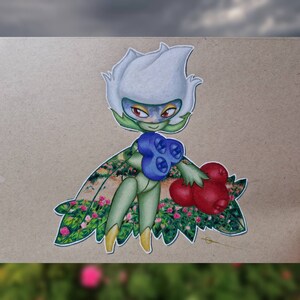 May include: A colorful illustration of a floral character with a white flower head, green body, and blue chest. The character holds two red berry-like objects. The wings are decorated with a rose garden design.