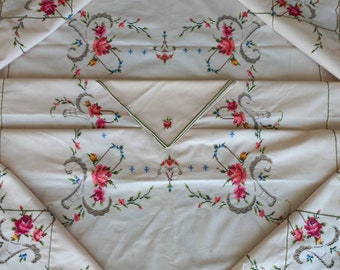 Mantel vintage sin usar, punto de cruz bordado a mano y mantel de ganchillo, con 6 servilletas
