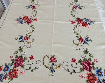 Mantel de punto de cruz bordado a mano vintage con 8 servilletas, mantel de rosas grandes, mantel antiguo,