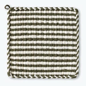 May include: Square, woven potholder with alternating stripes of olive green and white. The edges are trimmed with a white rope-like border and a loop for hanging. Kitchen textile.