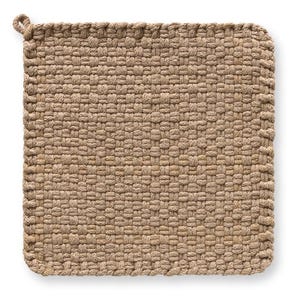 May include: A square, woven pot holder in a natural beige color. The pot holder is made of a thick, textured material with a loop for hanging. The weave pattern is tight and uniform, creating a durable and heat-resistant surface.