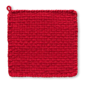 May include: A square, woven red potholder with a loop for hanging. The potholder is made of a thick, textured material and is designed to protect hands from heat. The weave pattern is visible throughout the potholder.