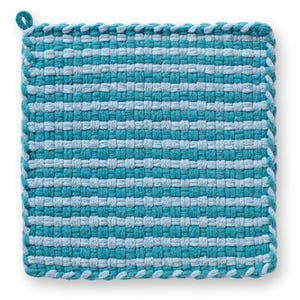 May include: Square, woven potholder in shades of teal and light blue. The potholder has a loop for hanging and a braided edge. The woven pattern features horizontal stripes of light blue against a teal background. Kitchen textile.