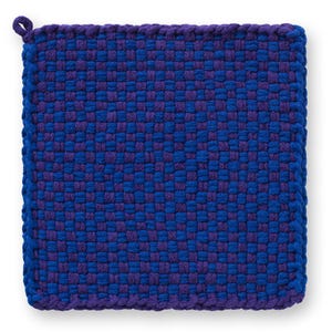 May include: A square, woven potholder in a checkerboard pattern of blue and purple. The edges are finished with a blue border and a loop for hanging. The potholder is designed for kitchen use.