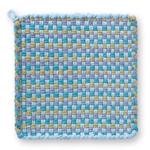 May include: Square woven potholder in shades of blue, lavender, and yellow. The potholder has a woven pattern and a light blue border with a loop for hanging. The potholder is designed for kitchen use.