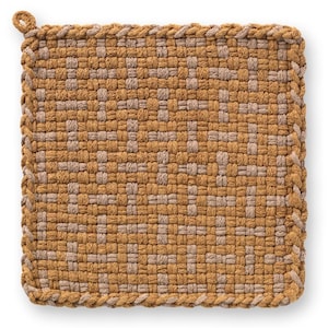 May include: A square, woven potholder in shades of tan and beige. The potholder features a textured, basket-weave pattern with a braided border and a small loop for hanging. The design is symmetrical and the colors are neutral.