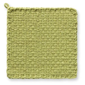 May include: A square, woven potholder in a light green hue. The potholder features a textured, checkered pattern and a looped corner for hanging. The edges are finished with a thicker, braided trim.
