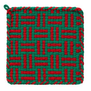 May include: A square, woven pot holder with a red and green geometric pattern. The pot holder has a loop for hanging and a red braided border. The woven design features a repeating pattern of red rectangles on a green background.