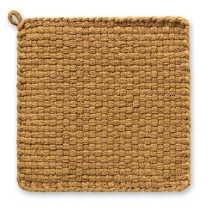 May include: A square, woven potholder in a warm mustard yellow color. The potholder has a loop for hanging and a textured, basket-weave pattern. This kitchen textile is designed to protect hands from hot cookware.