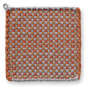 May include: Square woven pot holder in a checkerboard pattern of orange, gray, and tan. The edges are finished with a gray border and a loop for hanging. A kitchen textile.