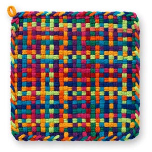 May include: A square, woven hot pad in a vibrant array of colors including blue, green, orange, purple, and pink. The edges are finished with a braided trim and a small loop for hanging. The woven design creates a textured surface.