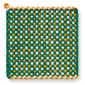 May include: A square, woven potholder with a green, white, and orange checkered pattern. The edges are trimmed with a white and orange braided border. A small loop is attached to one corner.