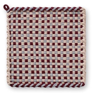 May include: Square woven pot holder in a checkerboard pattern of burgundy, gray, and beige. The edges are finished with a twisted rope trim in burgundy and beige, and a loop for hanging. A kitchen textile.