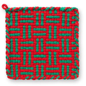 May include: A square, woven potholder with a red and green geometric pattern. The potholder has a red rope border and a small loop for hanging. The woven design features a repeating pattern of green rectangles on a red background.