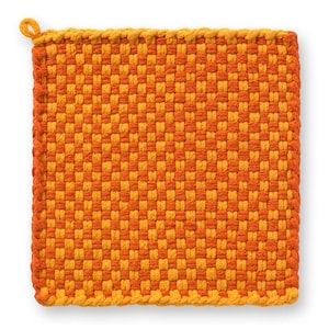 May include: A square, woven potholder in shades of orange and yellow. The potholder has a looped corner for hanging. The weave pattern is a checkerboard design, with alternating squares of light and dark orange. The edges are finished with a yellow border.