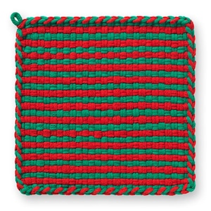 May include: A square, woven potholder with alternating horizontal stripes of red and green. The edges are trimmed with a braided green border and a loop for hanging. This kitchen textile is designed for heat resistance.