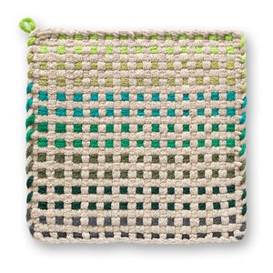 May include: Square woven potholder in a neutral beige with bands of green and teal. The potholder has a loop for hanging and is made of a tightly woven material. The edges are finished with a green border.