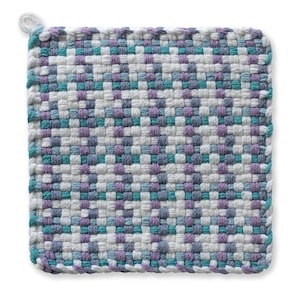 May include: Square woven potholder in a checkerboard pattern. The potholder features a mix of white, teal, light purple, and light blue threads. A small loop is attached to one corner for hanging.