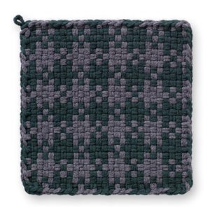 May include: Square, woven potholder in shades of green and gray. The potholder features a repeating geometric pattern and a loop for hanging. The edges are finished with a braided trim.
