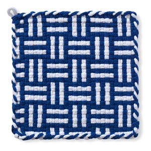 May include: Square blue and white woven potholder with a geometric pattern. The potholder has a loop for hanging and a white rope border. The woven design features alternating blue and white horizontal and vertical stripes.