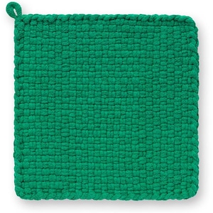 May include: A square, emerald green woven potholder with a loop for hanging. The potholder is made of a tightly woven material, with a textured surface. The edges are neatly finished, and the overall design is simple and functional.