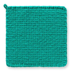 May include: A square, woven potholder in a vibrant teal color. The potholder has a looped corner for hanging. The weave pattern is tight and uniform, creating a textured surface. This kitchen accessory is designed to protect hands from hot cookware.
