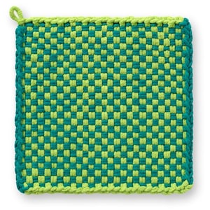 May include: A square, woven potholder in a checkerboard pattern of teal and lime green. The edges are finished with a teal border and a loop for hanging. Kitchen textile.