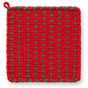 May include: A square, woven potholder in red with vertical rows of green squares. The edges are finished with green stitching, and a small loop is attached at the top corner for hanging. This kitchen textile is designed for heat resistance.