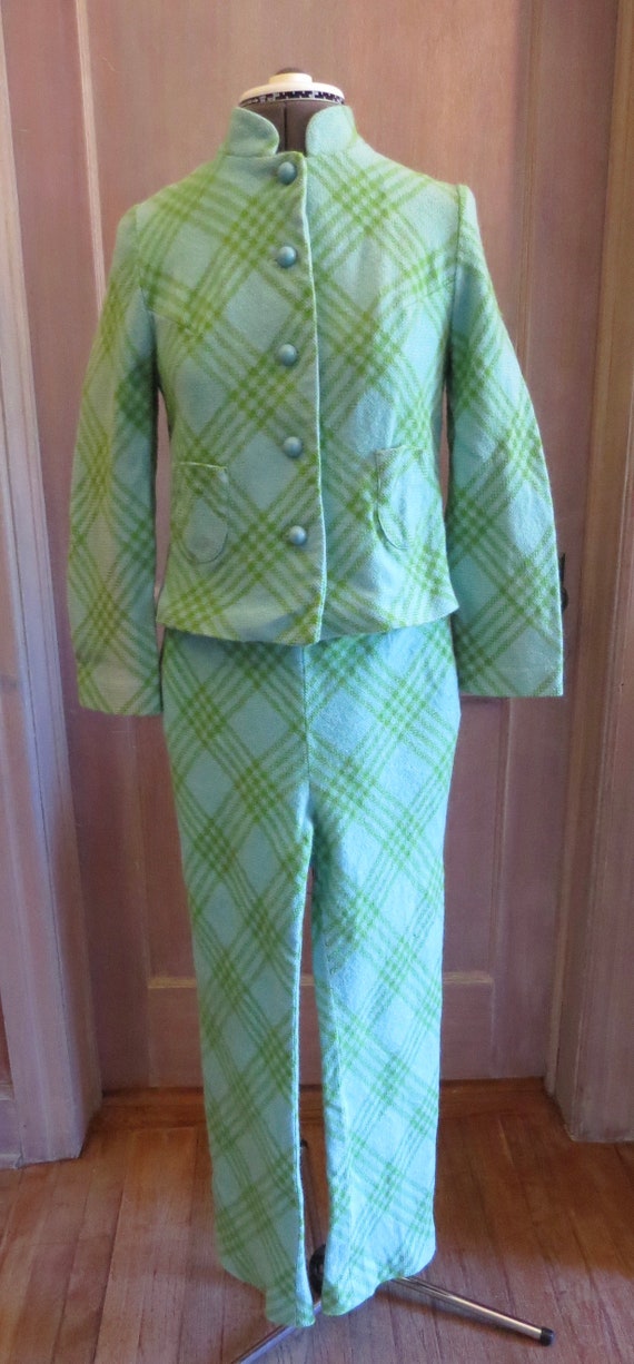 Vintage 1960s Wool Pant Suit, Skirt Suit, Green an