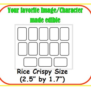 May include: A white sheet with a black border containing nine blank squares arranged in a 3x3 grid. Below the grid is the text 'Rice Crispy Size (2.5' by 1.7')' in black font. The sheet is surrounded by a red border with a yellow border outside of that.