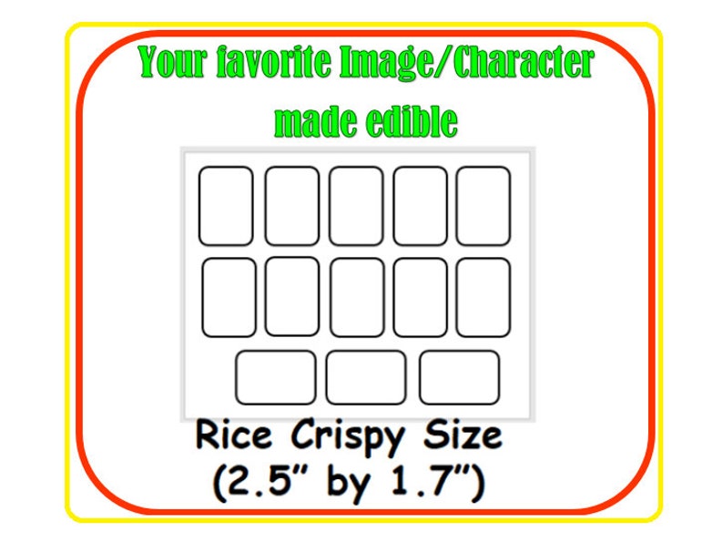 May include: A white sheet with a black border containing nine blank squares arranged in a 3x3 grid. Below the grid is the text 'Rice Crispy Size (2.5' by 1.7')' in black font. The sheet is surrounded by a red border with a yellow border outside of that.