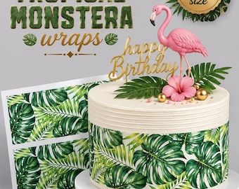 Tropical leaves Monstera palm leaves Edible cake wraps. Safari cake wraps. Edible Hawaiian cake wraps.