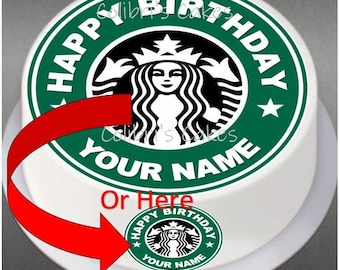 May include: A round white cake topper featuring a green and white circular logo with a siren graphic, the text HAPPY BIRTHDAY, and the placeholder text YOUR NAME. A large red arrow points from the main logo to a smaller version of the same logo.