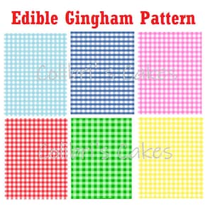 May include: An image showcasing six different gingham patterns in various colors: light blue, navy blue, pink, red, green, and yellow. The text "Edible Gingham Pattern" is displayed at the top. The image also includes the text "Colibri's Cakes".