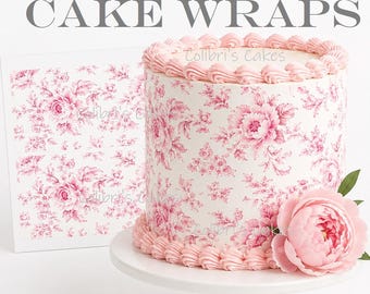 Pink toile cake wraps Print. Pink toile pattern. Edible Pink flower cake wraps