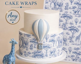 Edible Blue Toile Safari Animals Print. Edible wraps birthday baby Nursery pattern. Icing Frosting Edible print.