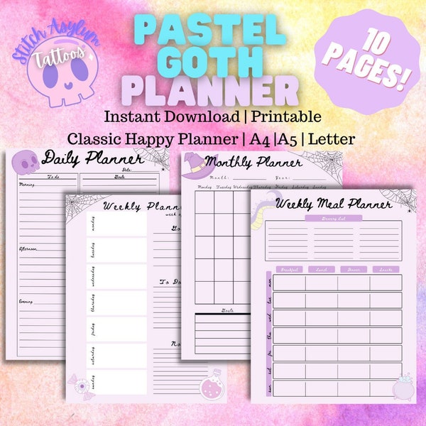 Pastel Goth Printable Planner, Weekly Planner, Monthly Planner, daily planner, Planner set, Instant Download, A4/A5/Letter/Happy Planner