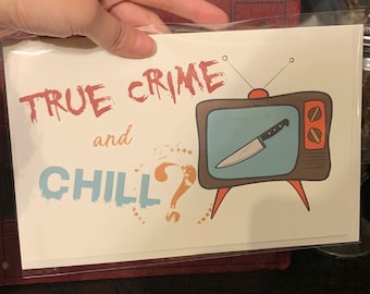 True Crime & Chill? - Retro TV Greeting Card - 5.5x8.5 inches, Heavy cardstock, Blank inside, Personalized, Funny, Anniversary/Birthday card
