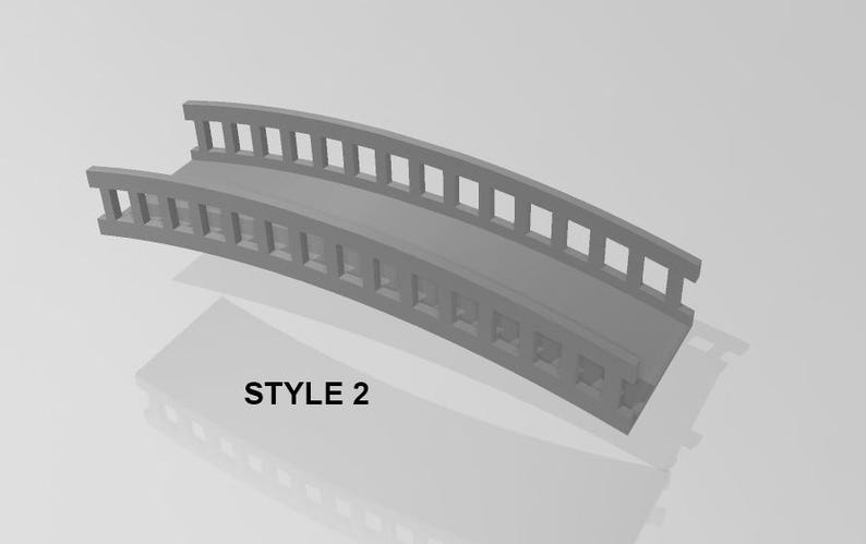 May include: A gray, arched bridge with a railing made of vertical bars. The bridge is labeled "STYLE 2".