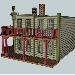 Pode incluir: Um edif&iacute;cio de dois andares com varanda e detalhes em vermelho. O edif&iacute;cio tem um exterior verde claro com v&aacute;rias janelas e duas chamin&eacute;s de tijolo. A varanda apresenta uma balaustrada vermelha e &eacute; suportada por pilares vermelhos. Tema Western.