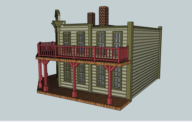 Pode incluir: Um edif&iacute;cio de dois andares com varanda e detalhes em vermelho. O edif&iacute;cio tem um exterior verde claro com v&aacute;rias janelas e duas chamin&eacute;s de tijolo. A varanda apresenta uma balaustrada vermelha e &eacute; suportada por pilares vermelhos. Tema Western.